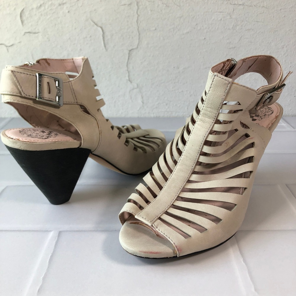 Vince Camuto Eliana Beige Leather Cage Sandals Peep Toe Cone Heel Booties 7.5M
